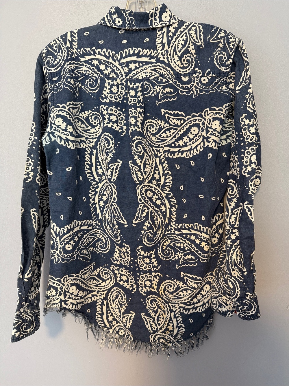 Tizzie Oversized Navy Paisley Fringe Hem Shirt Boho Linen Cotton Blend - Picture 12 of 13
